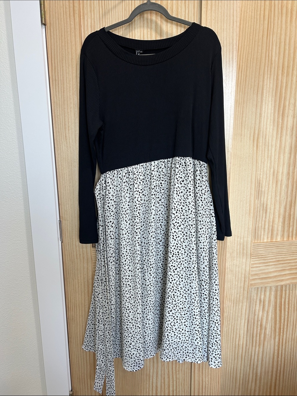 Black Ribbed-Top Long Sleeve Dress with White Printed Skirt